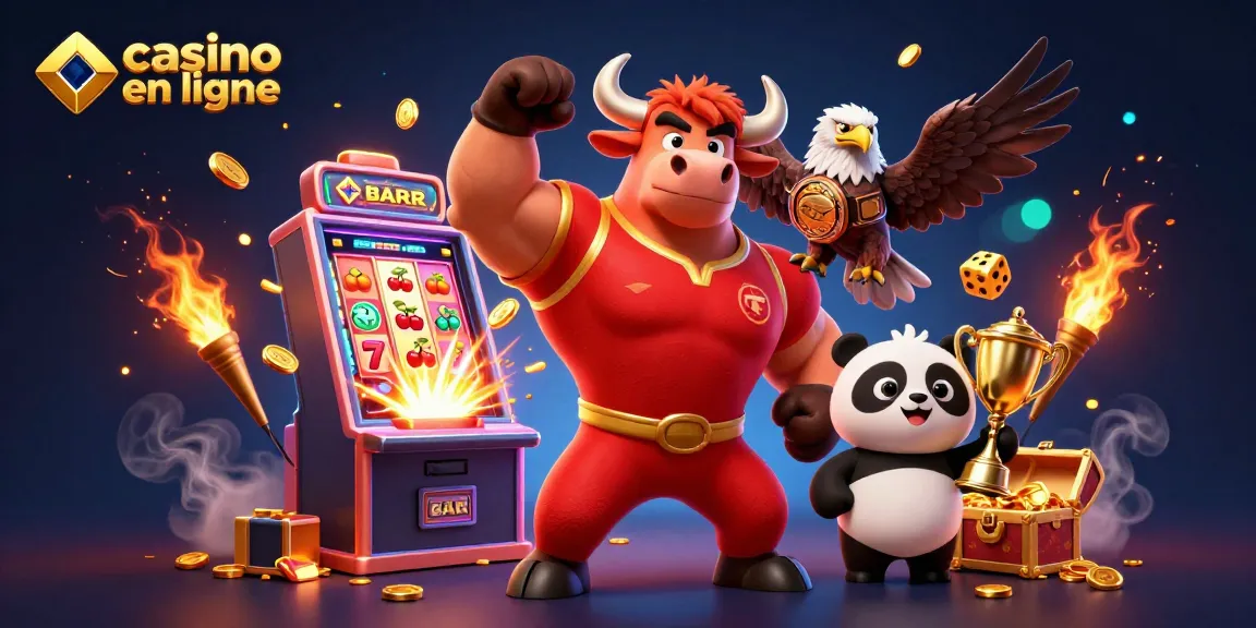 Visuel captivant de casino en ligne avec un taureau victorieux, un aigle et un panda, entouré de machines à sous et de pièces d'or.