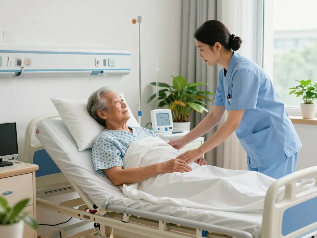 giường bệnh nhân providing comfort and support to elderly patient in hospital room with attentive nurse