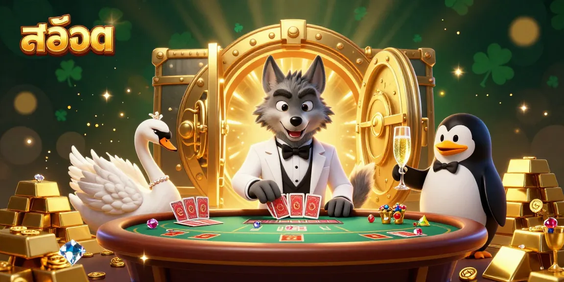 Experience the thrill of สล็อต with a 3D debonair wolf at a baccarat table, surrounded by luxury and wealth.