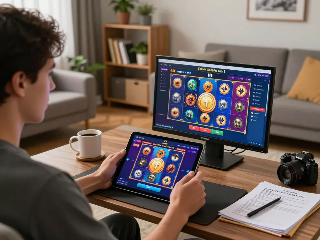 Engaging with slot server kamboja no 1 on a tablet, showcasing vibrant online gaming action in a cozy setting.