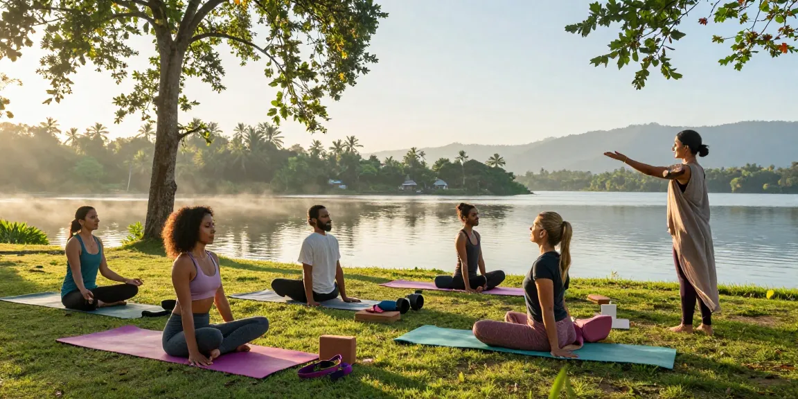 Yoga courses Sri Lanka featuring a lakeside yoga session with diverse students practicing Synergy Vinyasa.