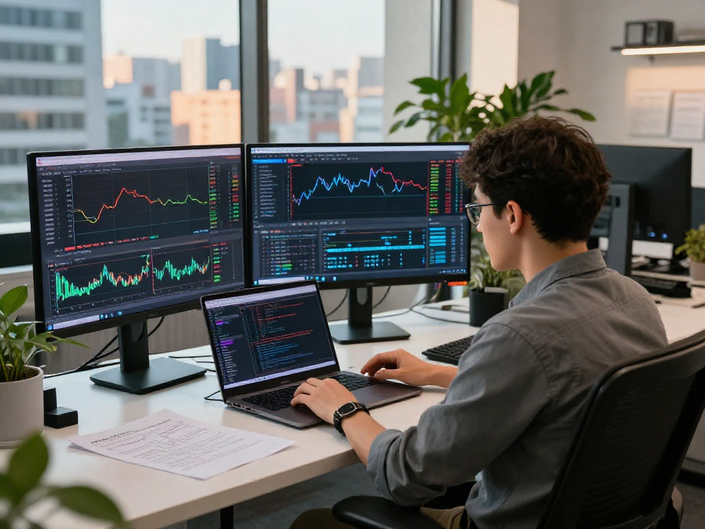 Dynamic trading workspace displaying metatrader 5 analytics with multiple screens and coding tools.