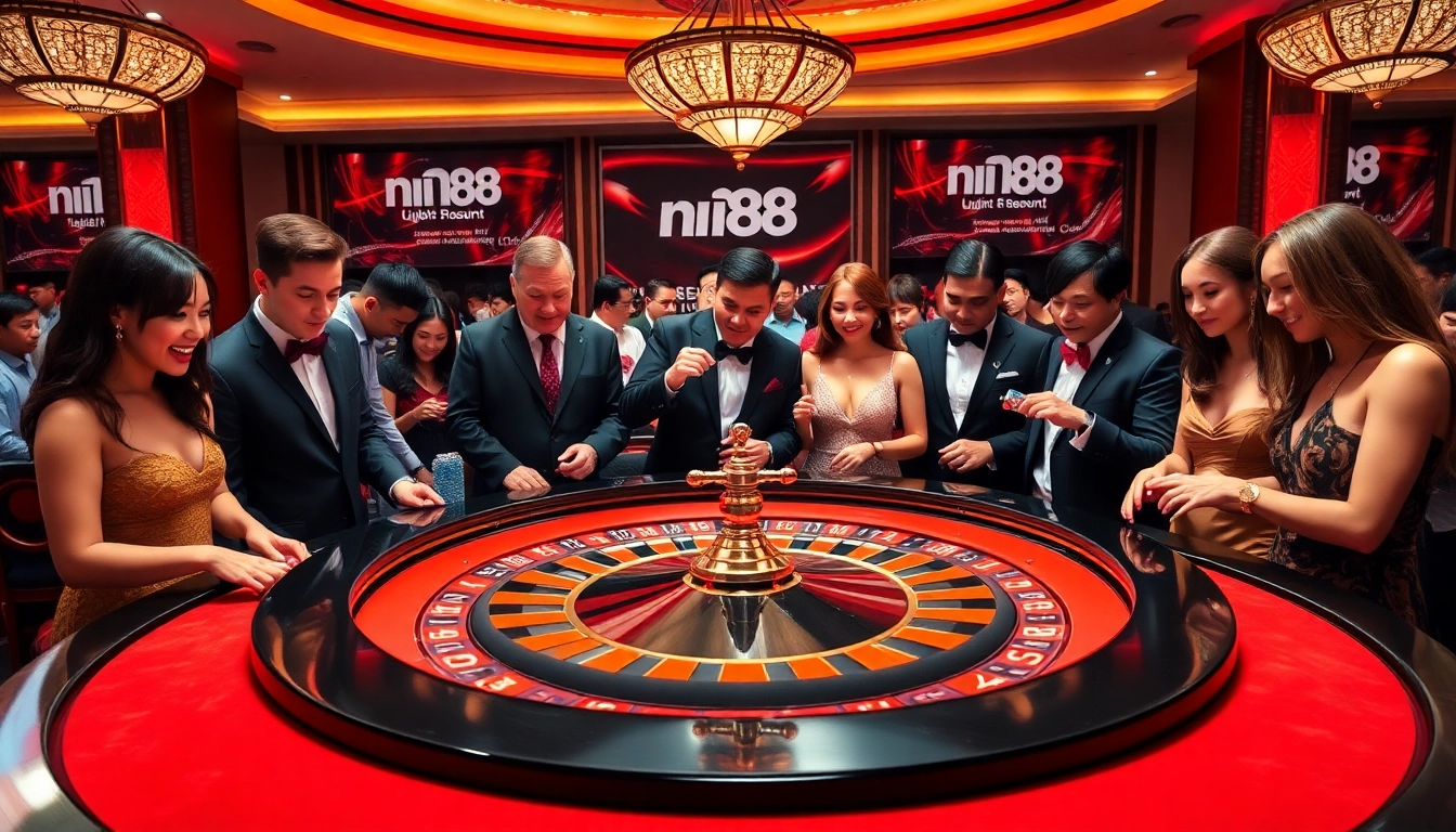 Excited players at a luxurious nn88 casino roulette table surrounded by professional dealers.