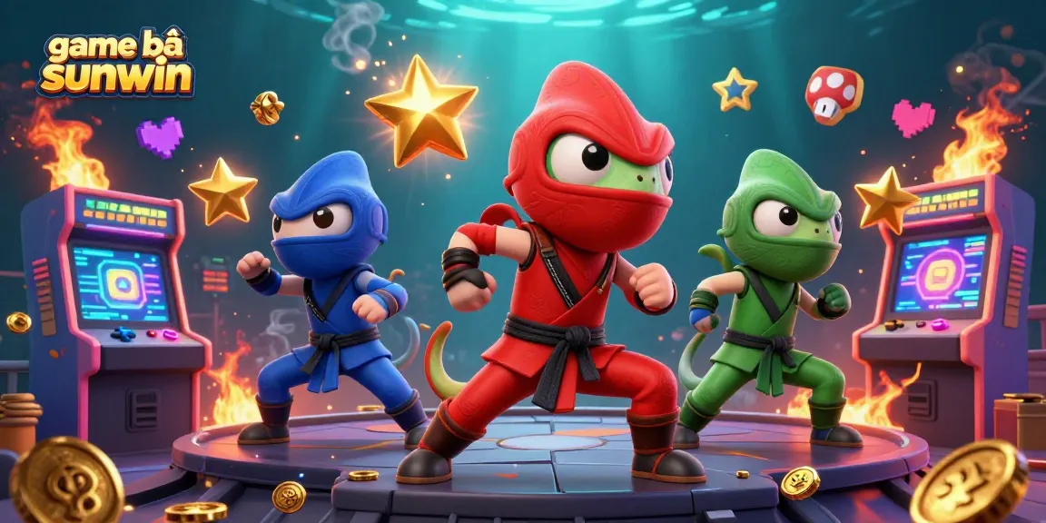 Experience game bài sunwin with a dynamic scene featuring ninja chameleons surrounded by arcade machines and casino gold.