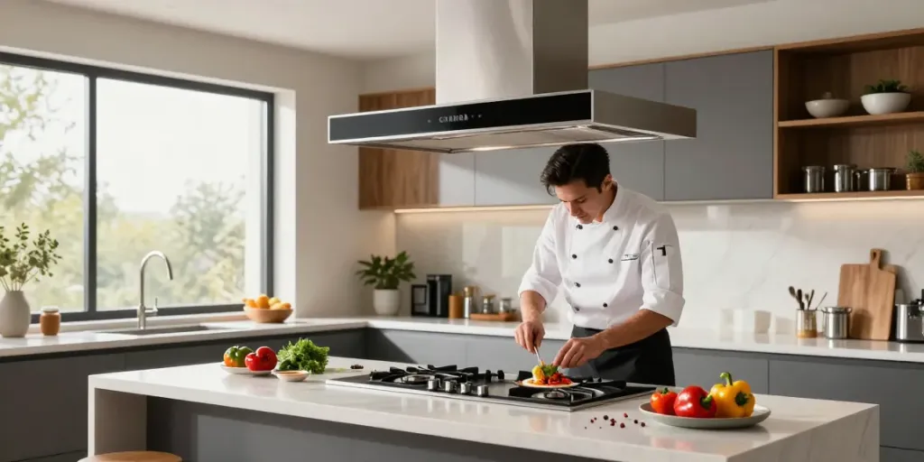 Modern kitchen with CIARRA cooker hood and chef preparing fresh ingredients.