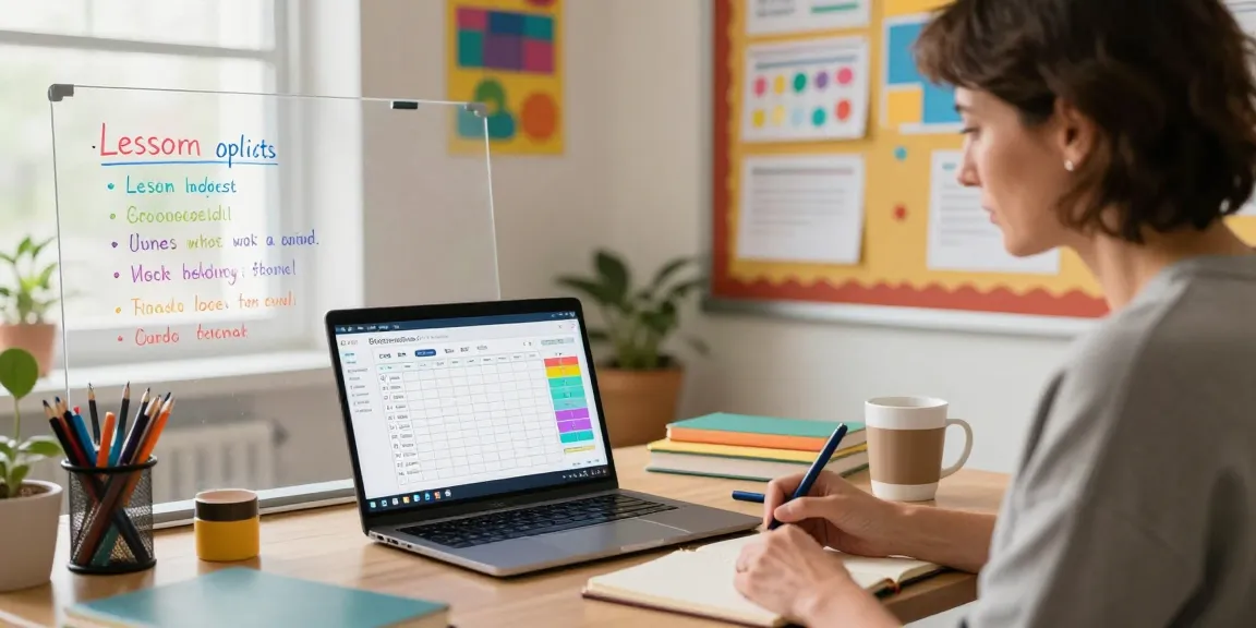 Teacher using EMStudio's online teacher planner in a colorful classroom setting, lesson plans displayed on laptop.