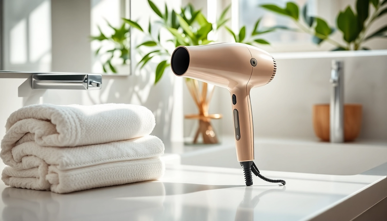 Hair dryer for fine hair showcased elegantly, promoting effective styling in a bright bathroom.