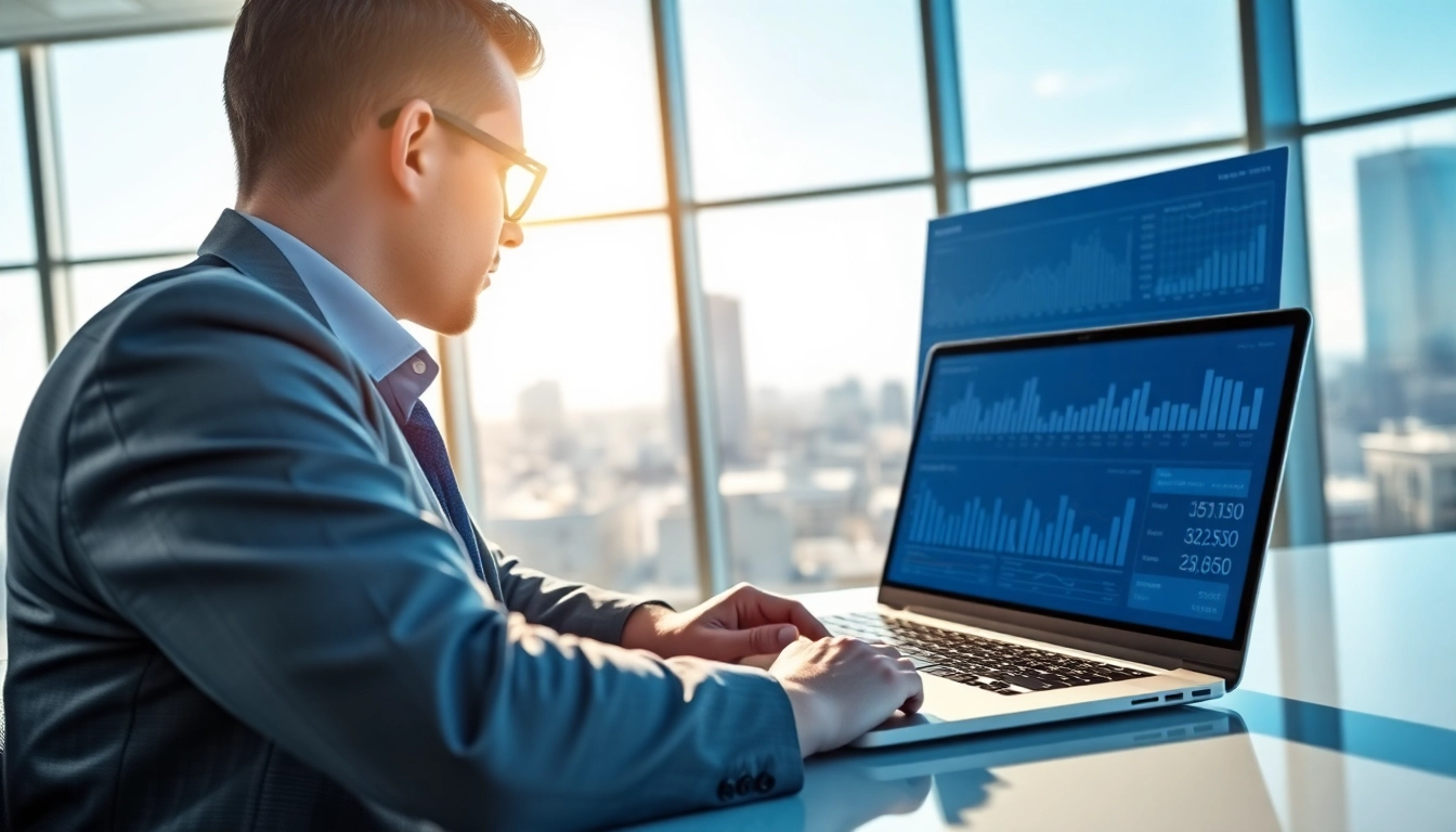 Real Estate Finance advisor analyzing investment data in a modern office.