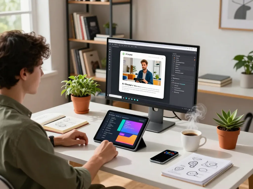 Innovative workspace scene showcasing image to prompt ai tool on screen with vibrant plants and tech setup enhancing creativity.