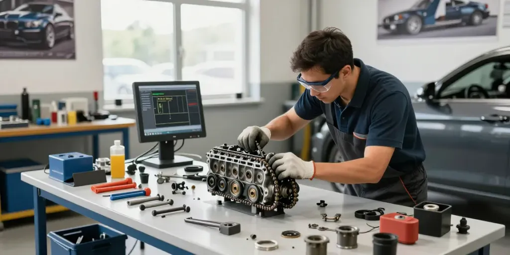 Mechaniker bei der Arbeit, Steuerkette wechseln Hannover in einer professionellen Werkstatt.