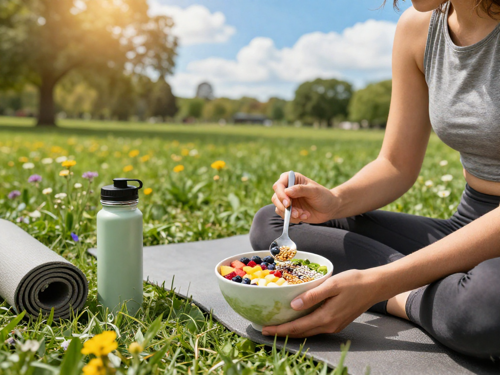 Enjoying a colorful smoothie bowl with vegan astaxanthin in a sunny park setting.