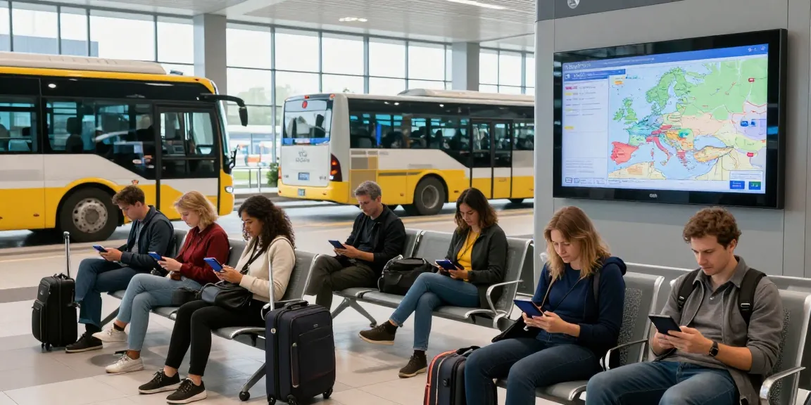 Transport internațional Moldova: călători așteptând autocarele Davo Group la un terminal modern, pregătiți pentru destinații europene.