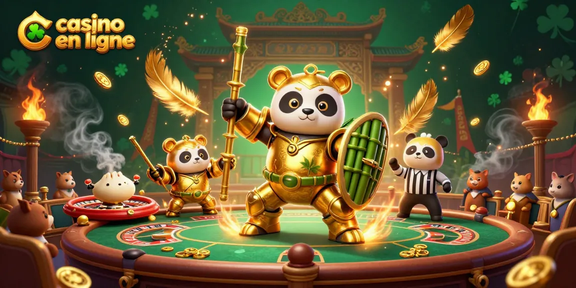Scène dynamique illustrant un panda doré dans un robot de combat lors d'un casino en ligne animé.