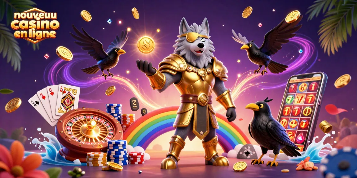 Exploration d'un nouveau casino en ligne avec Odin et ses corbeaux parmi des jetons et des pièces.