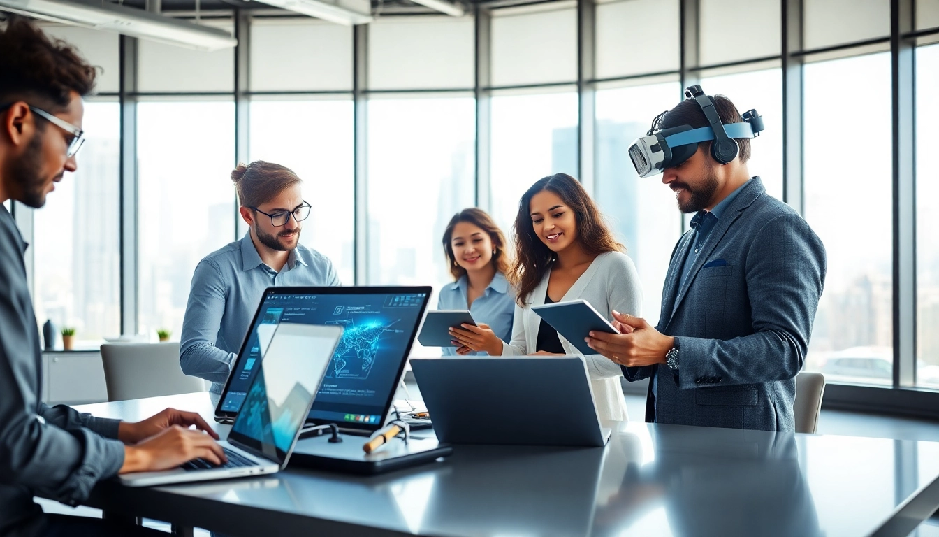 Engaged team in a modern office utilizing technology for collaboration and innovation.