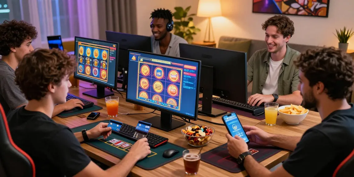 Players engaged in an online casino experience at scoarch.org.uk with credit cards, vibrant game screens, and an inviting atmosphere.