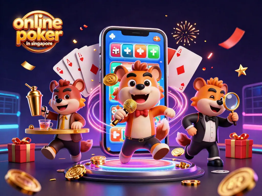 Experience exciting online poker in singapore with lively hyena characters in a vibrant casino scene.