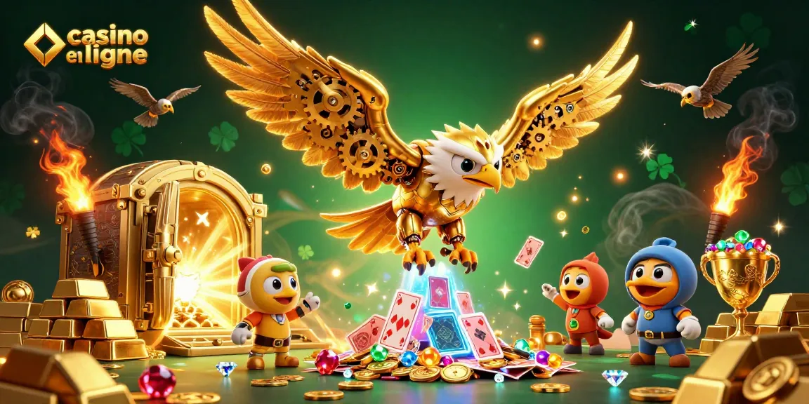 Découvrez le casino en ligne avec des modèles animés de cartes et un aigle en or majestueux.