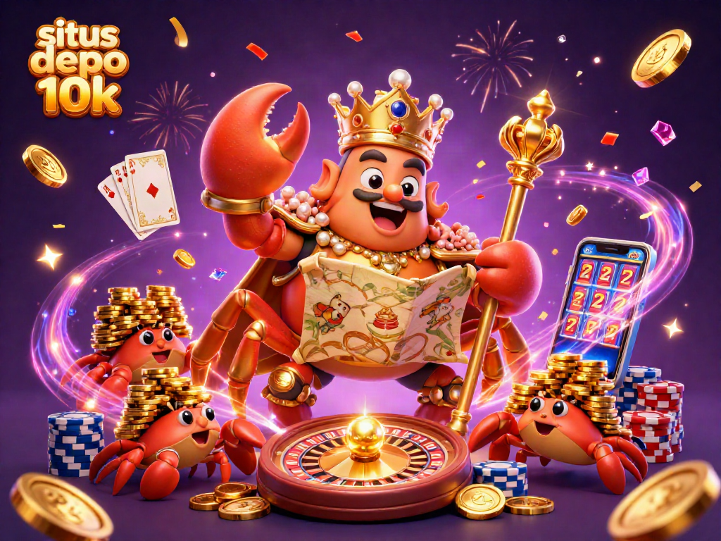 Experience thrilling wins at situs depo 10k with a vibrant 3D casino scene showcasing an imperial crab.
