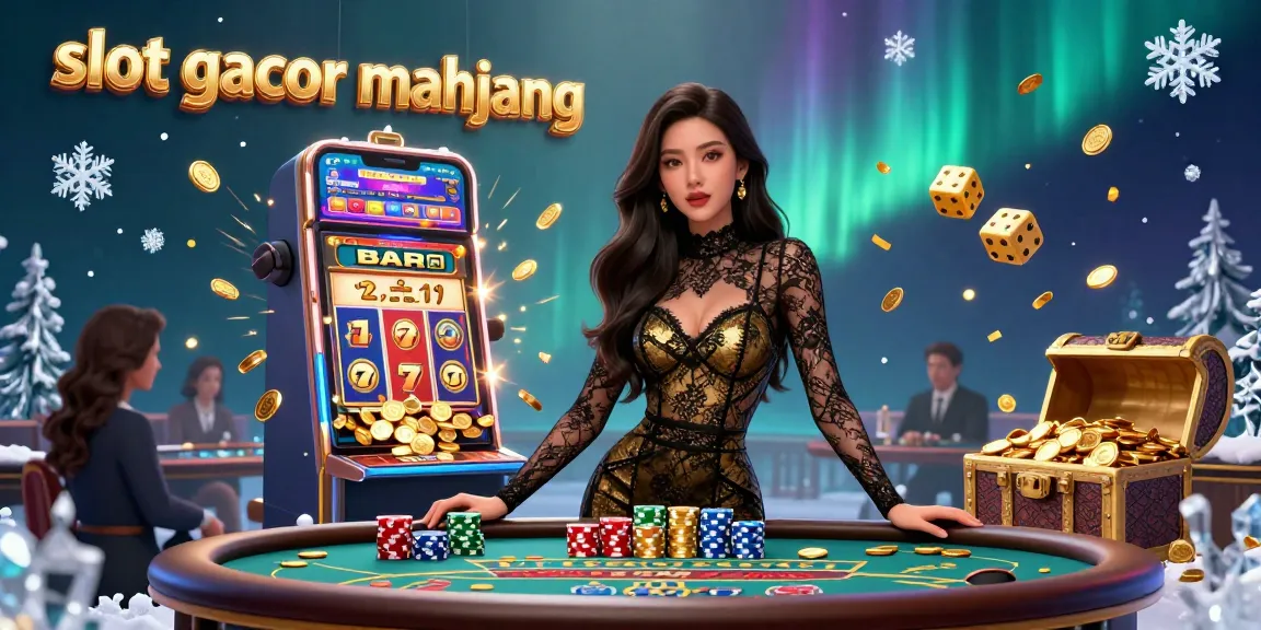 Experience slot gacor mahjong with a glamorous Asian woman by a VIP baccarat table, surrounded by dynamic casino elements.