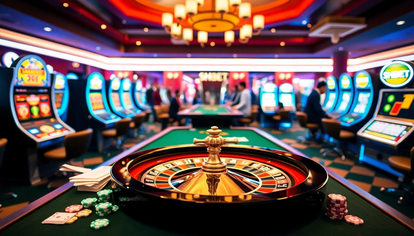 Players enjoying SHBET's secure online casino games with vibrant slot machines and poker tables.