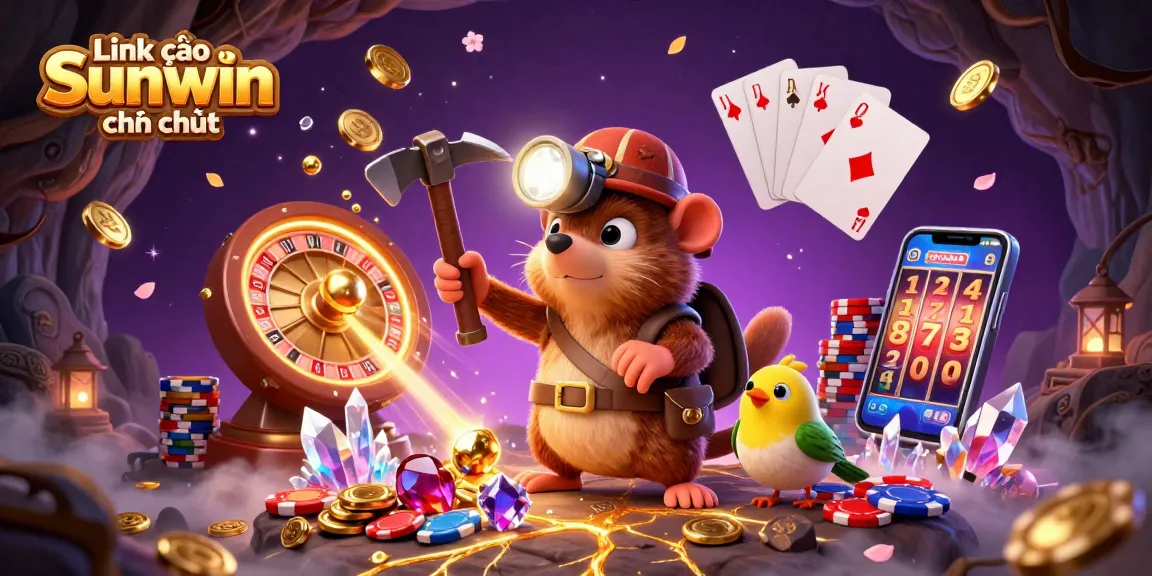 Engage with "Link vào Sunwin chính thức" through this vibrant casino-themed illustration featuring a treasure hunter and a canary amidst glowing gems.