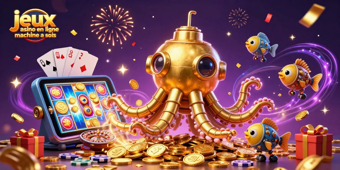 Jouez aux jeux de casino en ligne machine à sous avec une illustration vibrante de personnages et d'éléments gagnants.