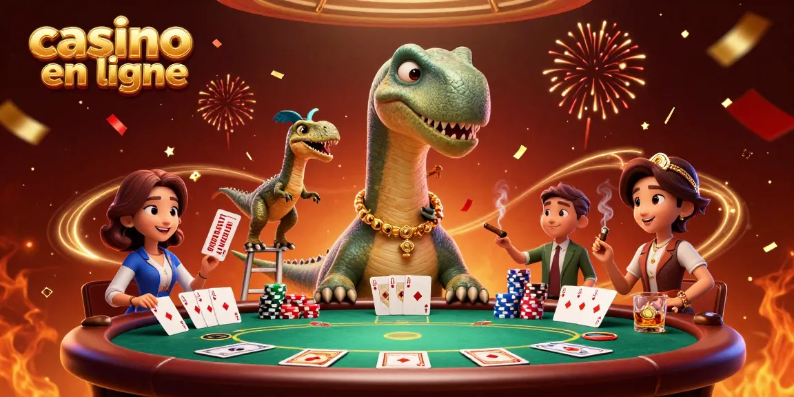 Jouez dans un casino en ligne avec un brontosaurus géant et des cartes de poker animées.