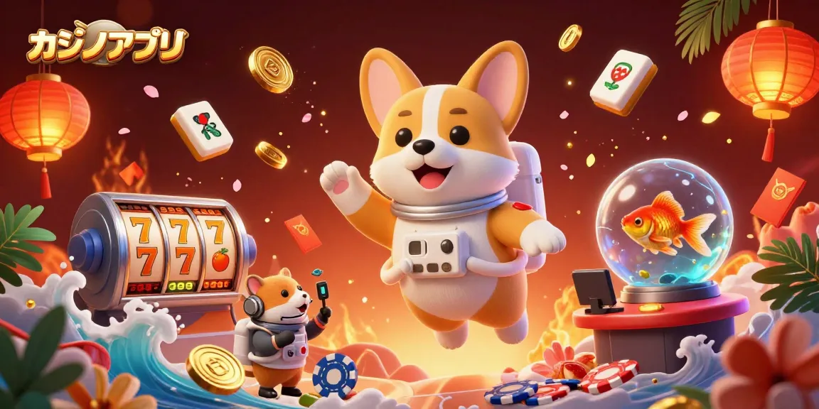 カジノアプリでのスロットゲームを楽しむ宇宙のコーギーと仲間たちの賑やかなシーン。
