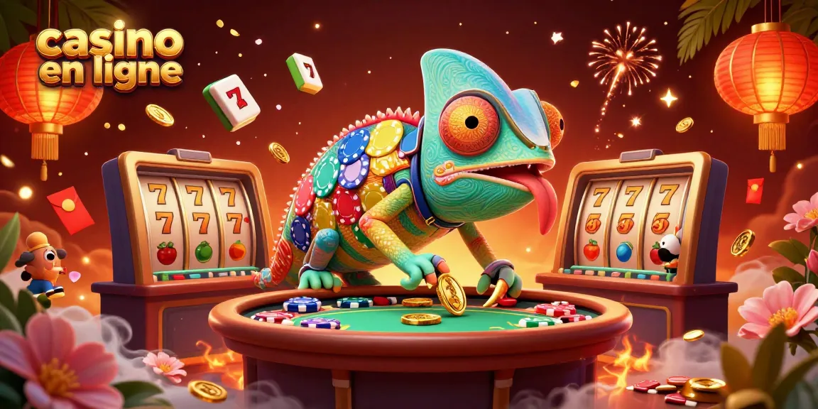 Un caméléon propriétaire de casino en ligne attrape des jetons d'or avec des éléments de machines à sous.
