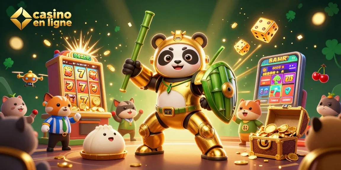Jouer au casino en ligne avec un panda en armure dans une scène dynamique de jackpot.