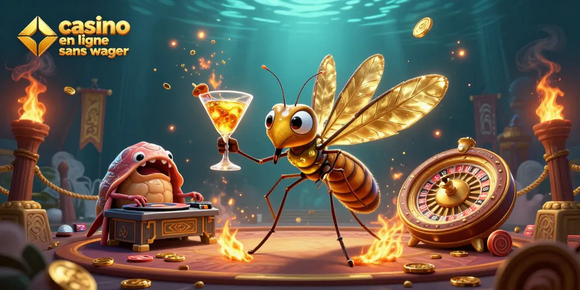 Casino en ligne sans wager : illustration dynamique avec un moustique mascotte et roulette dorée, ambiance de jeu excitante.