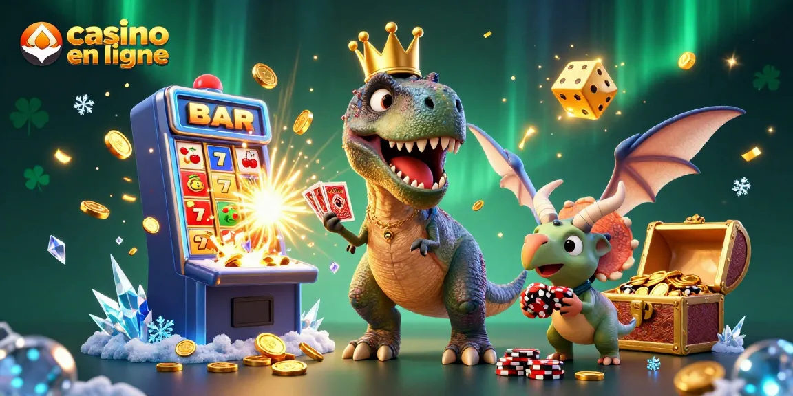 Une illustration animée représentant un T-Rex et un ptérodactyle jouant dans un casino en ligne, entourés de machines à sous.