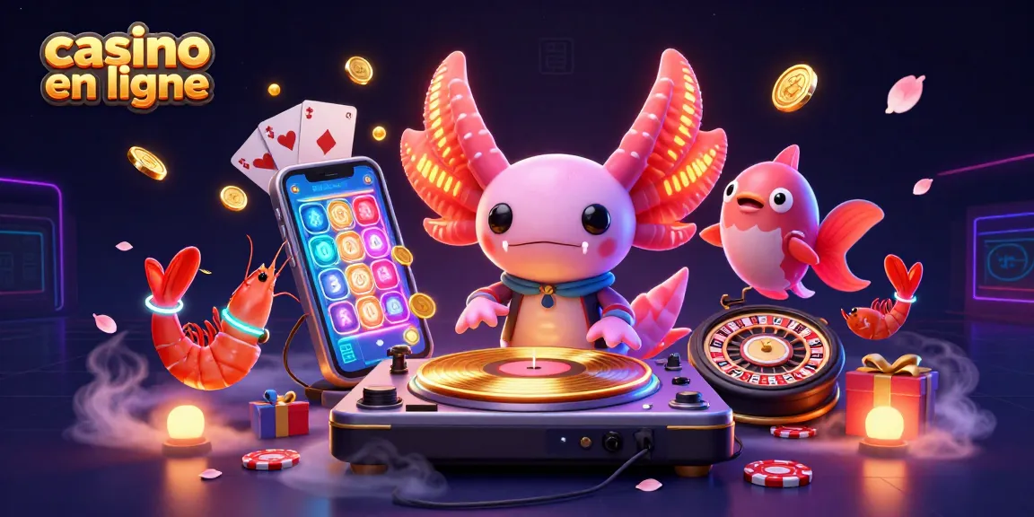 Casino en ligne animé avec un DJ axolotl et des éléments de jeux dynamiques.