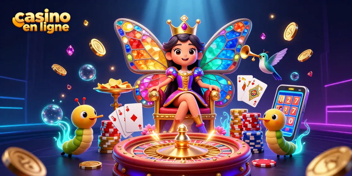 Plongez dans l'univers du casino en ligne avec notre illustration captivante illustrant une reine papillon entourée de jeux d'argent.