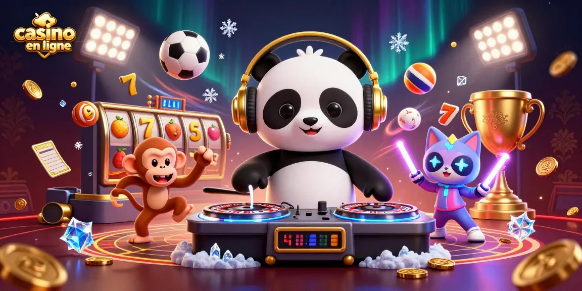 Un DJ panda et un singe dansent dans un casino en ligne, entourés d'éléments de jeu.
