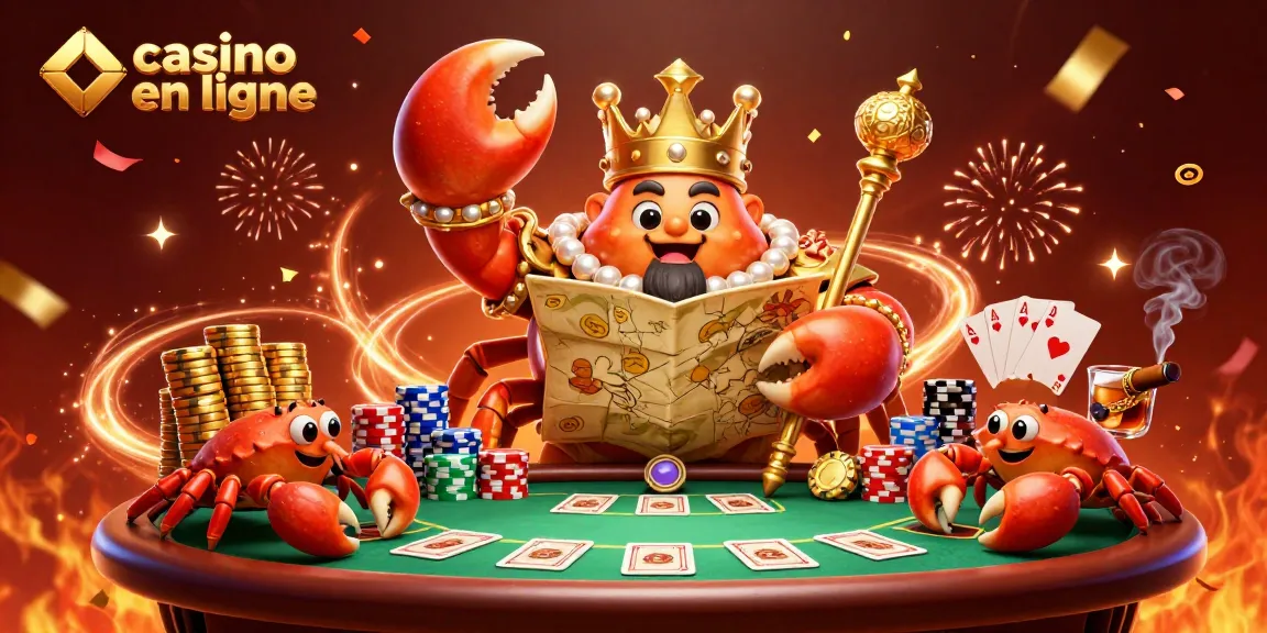 Découvrez une scène de casino en ligne vibrant où un crabe en or trône parmi des jetons et des cartes.