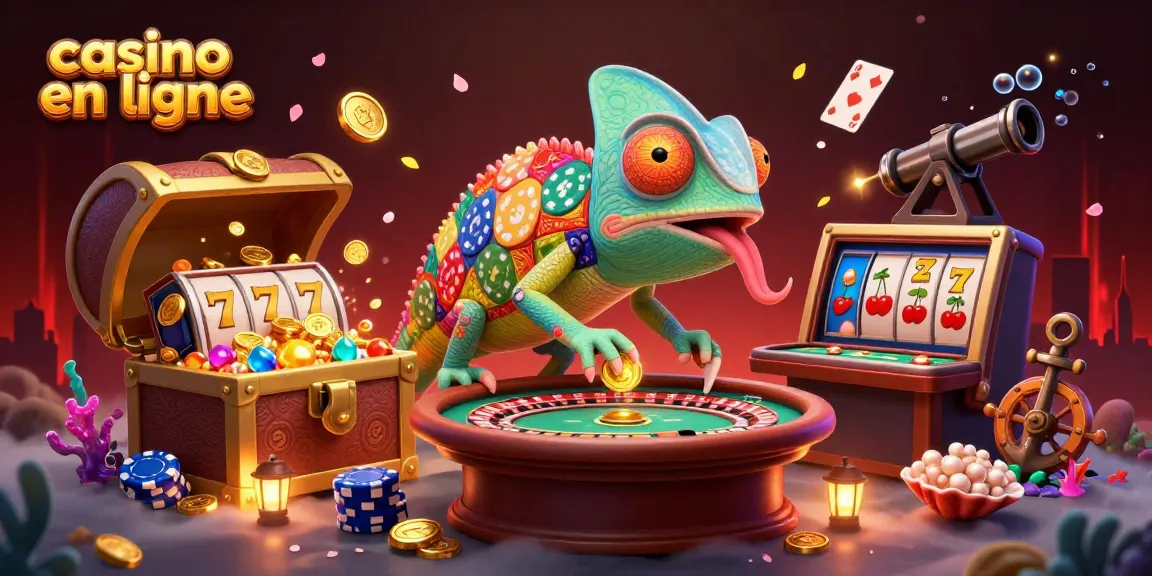 Une illustration 3D de casino en ligne avec un caméléon géant et des trésors sous-marins, capturant l'énergie du jeu.