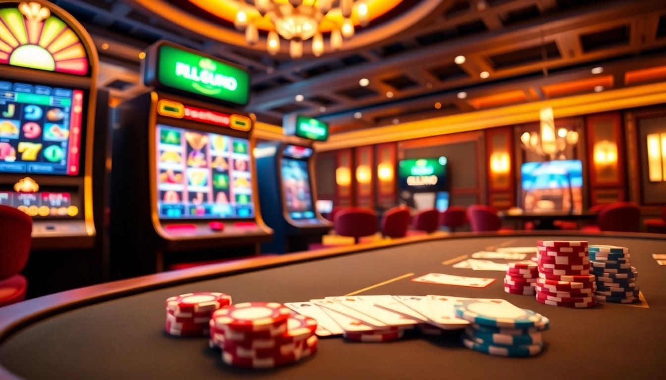 Togelsumo menampilkan suasana kasino yang hidup dengan mesin slot dan meja poker, mengundang para penjudi untuk menikmati taruhan online.