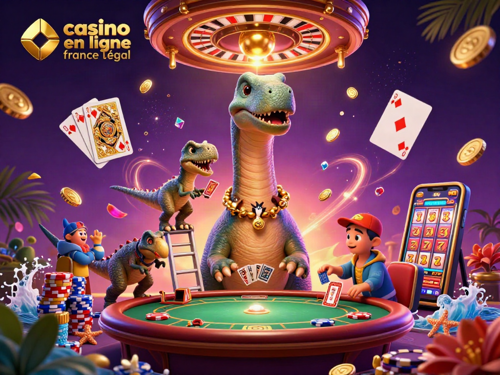 Illustration 3D captivante illustrant un brontosaurus au casino en ligne France légal, faisant preuve de chance avec des cartes de jeu.