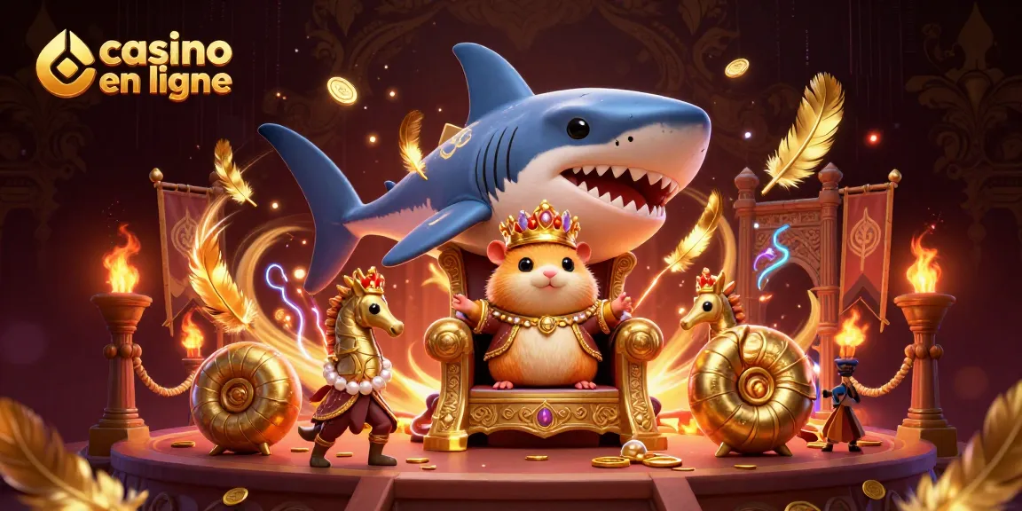 Illustration dynamique représentant un roi hamster en or sur un trône de dent de mégalodon dans un casino en ligne.