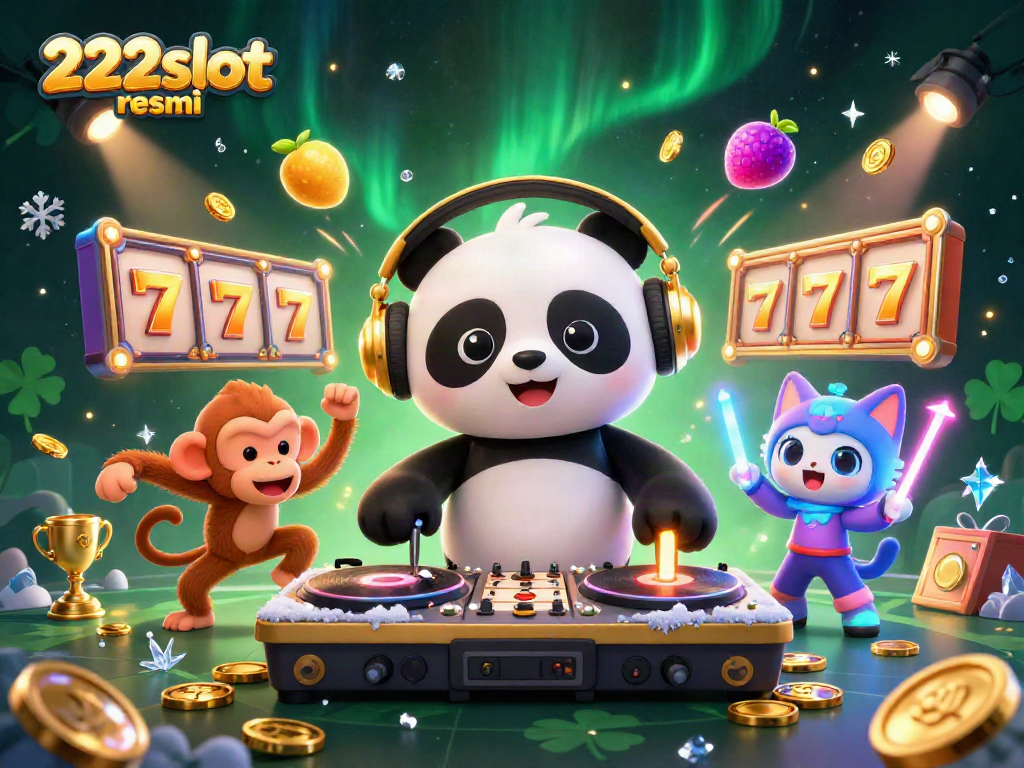 Menangkan permainan di 222slot resmi dengan panda DJ bersemangat dan simbol slot mengelilinginya.