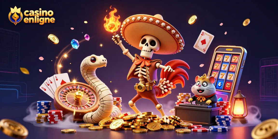Animation d'un rooster mariachi dans un casino en ligne, lançant des pièces dorées et des cartes à jouer.
