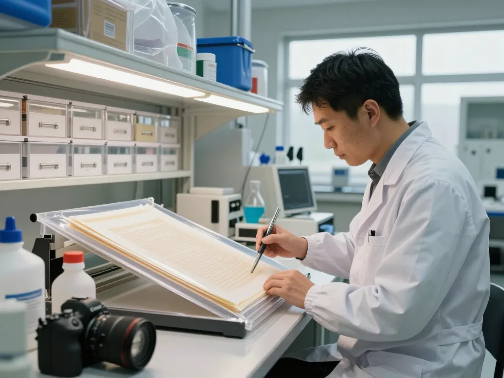 Addressing Địa chỉ bóc ép plastic in a professional document restoration facility, showcasing advanced tools and expert technician.