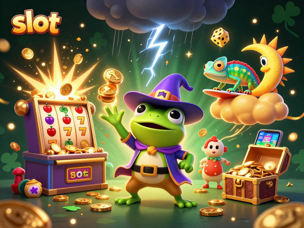 Permainan slot yang menarik dengan banyak simbol dan koin emas yang berhamparan dalam ilustrasi kasino yang dinamis.