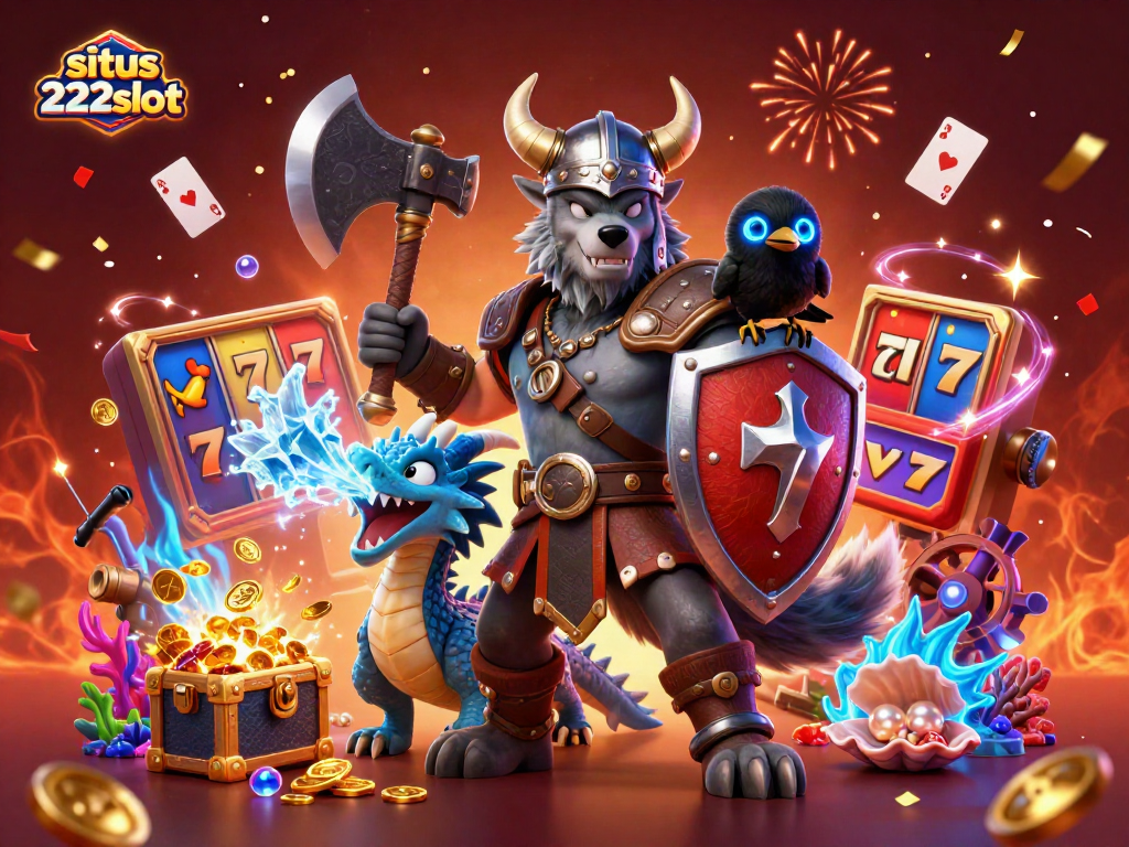 Permainan sepenuh hati di situs 222slot, dengan Viking, naga, dan harta karun yang bersinar.