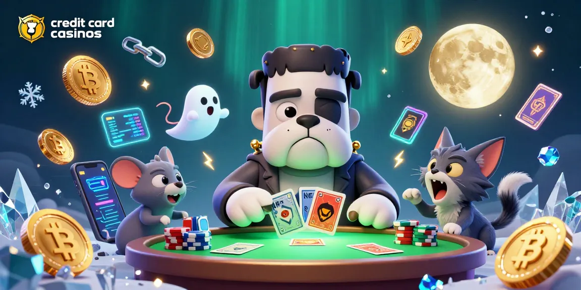 Engage at credit card casinos with unique characters playing at a spooky table of cards.