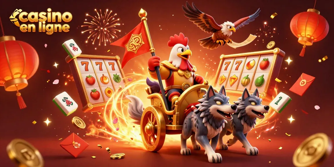 La scène dynamique du casino en ligne mettant en avant un seigneur rooster en chariot d'or, entouré de jeux captivants.