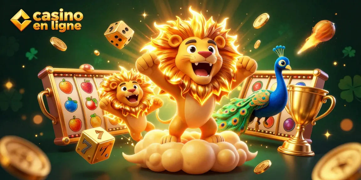 Illustration dynamique d'un casino en ligne avec un lion en 3D, rouleaux de machine à sous et des pièces d'or.