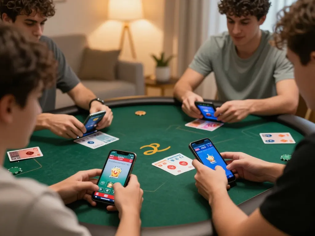 Players using hitclubapk for online poker in a cozy home setting, showcasing mobile gaming strategy.
